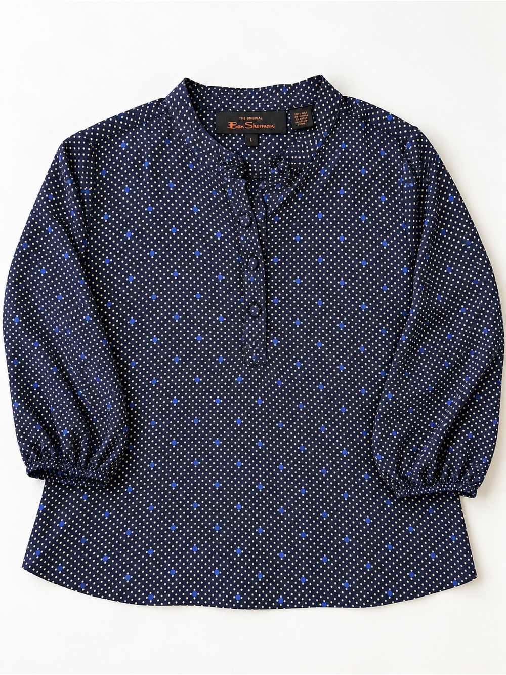 Ben Sherman 100% Silk Women’s Blouse – Navy Blue Polka Dot – Size L
